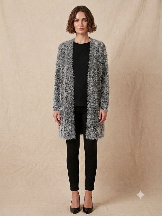 H&M Sweaters - H&M DIVIDED Fuzzy Eyelash Knit Open Front Cardigan Gray/Black Size M Duster
